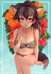  1girl :p ancolatte_(onikuanco) animal_ears arm_at_side bare_arms bare_legs bare_shoulders bikini black_hair blue_eyes breasts brown_eyes cleavage closed_mouth collarbone cowboy_shot dotted_background extra_ears fang fang_out fingernails floral_background floral_print grey_hair grey_wolf_(kemono_friends) hair_between_eyes hand_up heterochromia highres index_finger_raised kemono_friends long_hair looking_at_viewer multicolored_hair nail_polish navel ponytail print_bikini red_nails sidelocks sitting smile solo stomach strap_gap swimsuit tail tongue tongue_out two-tone_hair wolf_ears wolf_girl wolf_tail 
