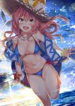  1girl animal_ears bangs bare_shoulders beach bikini bird blue_bikini blue_sky blush bracelet breasts cleavage collarbone ears_through_headwear fate/extra fate/grand_order fate_(series) fox_ears fox_tail hair_between_eyes hat highres hips innertube jewelry kawai large_breasts long_hair looking_at_viewer navel necklace ocean open_mouth pink_hair sash seagull sky smile solo sun_hat sunlight swimsuit tail tamamo_(fate)_(all) tamamo_no_mae_(swimsuit_lancer)_(fate) thighs waist yellow_eyes 