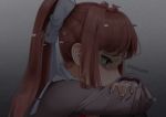  1girl artist_name brown_hair commentary crying crying_with_eyes_open doki_doki_literature_club english_commentary glitch green_eyes hair_ribbon highres long_hair monika_(doki_doki_literature_club) ponytail profile ribbon sasoura school_uniform solo static tears white_ribbon 