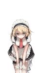  1girl apron bangs blonde_hair blue_eyes braid breasts cropped_jacket dress eyebrows_visible_through_hair framed_breasts g36_(girls_frontline) girls_frontline gloves gradient_hair hair_between_eyes hair_ornament hands_on_own_thighs highres leaning_forward long_hair looking_at_viewer maid maid_apron maid_headdress medium_breasts multicolored_hair open_mouth red_neckwear shaded_face shuzi sidelocks silver_hair single_braid solo thighs very_long_hair white_background white_gloves 