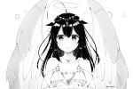  1girl ahoge alternate_hairstyle angel_wings hair_ornament halo highres jewelry kantai_collection looking_at_viewer monochrome necklace shigure_(kantai_collection) solo white_background wings yamamura_umi 