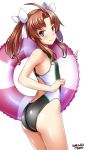  1girl artist_name ass back black_swimsuit blush brown_hair competition_swimsuit dated eyebrows_visible_through_hair flat_chest hair_ribbon highres innertube kagerou_(kantai_collection) kantai_collection long_hair looking_at_viewer one-piece_swimsuit remodel_(kantai_collection) ribbon simple_background smile solo standing swimsuit tsuchimiya twintails violet_eyes white_background white_ribbon 