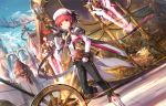  1boy book cityscape elsword elsword_(character) energy_gun grail hat holding map painting_(object) red_eyes redhead scorpion5050 shoulder_armor sky standing sword weapon wheel wings 