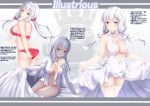  1girl ass azukiman azur_lane blanket blue_eyes bra breasts character_name cleavage dress hair_ribbon highres illustrious_(azur_lane) large_breasts lingerie long_hair looking_at_viewer looking_back naked_shirt open_clothes panties red_bra red_panties ribbon shirt skirt skirt_lift solo translation_request twintails underwear wedding_dress white_dress white_hair white_legwear white_shirt 