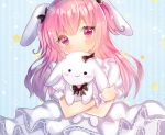  1girl animal_ears bangs black_bow blush bow closed_mouth commentary_request dress eyebrows_visible_through_hair hair_between_eyes hair_bow heart kohaku_muro layered_dress long_hair looking_at_viewer object_hug original pink_eyes pink_hair pleated_dress puffy_short_sleeves puffy_sleeves rabbit_ears short_sleeves smile solo star striped striped_background stuffed_animal stuffed_bunny stuffed_toy vertical-striped_background vertical_stripes very_long_hair white_dress wrist_cuffs 