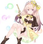  1girl absurdres atelier_(series) atelier_lydie_&amp;_suelle bangs black_hairband boots bow breasts brown_footwear commentary_request dress eyebrows_visible_through_hair frilled_hairband frills gun hair_between_eyes hair_bow hairband hand_up handgun highres holding holding_gun holding_weapon light_brown_hair long_hair red_eyes revolver ru_zhai short_sleeves sitting small_breasts solo striped striped_hairband suelle_marlen very_long_hair weapon white_background wide_sleeves yellow_bow yellow_dress 