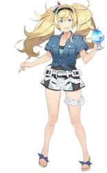  1girl akira_(kadokawa) belt blonde_hair blue_eyes blue_shirt breast_pocket breasts buttons collared_shirt gambier_bay_(kantai_collection) hair_between_eyes hairband kantai_collection large_breasts official_art pocket sandals shaved_ice shirt short_sleeves shorts twintails 