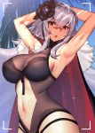  1girl :o arched_back armpits arms_behind_head azur_lane bare_arms black_swimsuit blurry blurry_background breasts cape cleavage commentary_request cowboy_shot dakunesu eyebrows_visible_through_hair flower graf_zeppelin_(azur_lane) hair_between_eyes hair_flower hair_ornament highleg highleg_swimsuit highres large_breasts long_hair looking_at_viewer navel navel_cutout one-piece_swimsuit palm_tree silver_hair sunlight swimsuit thighs tree viewfinder 