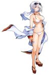  1girl anklet azur_lane bikini blue_eyes breasts character_request coat earrings eyewear_on_head highres jewelry large_breasts mephist-pheles sandals scarf short_hair silver_hair sunglasses swimsuit 