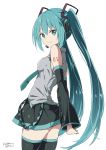  1girl aqua_eyes aqua_hair arms_behind_back artist_name bangs detached_sleeves from_side hatsune_miku headset long_hair looking_at_viewer looking_back necktie ragho_no_erika simple_background skirt solo thigh-highs twintails very_long_hair vocaloid white_background 
