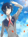  1boy bangs black_hair blue_eyes blue_sky clouds cloudy_sky commentary_request darling_in_the_franxx day haisato_(ddclown14) hand_up hiro_(darling_in_the_franxx) long_sleeves male_focus military military_uniform necktie petals red_neckwear short_hair sky solo uniform 