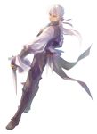  1boy boots butler fire_emblem fire_emblem_if gloves holding holding_knife holding_weapon jacket jen_(hasuyawwn) joker_(fire_emblem_if) knife ponytail simple_background smile solo violet_eyes weapon white_background white_hair 