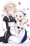  2girls ? animal apron azur_lane bare_shoulders belchan_(azur_lane) belfast_(azur_lane) bird black_dress blue_dress blue_eyes blush braid chains chick closed_mouth collarbone commentary_request dress elbow_gloves eye_contact eyes_visible_through_hair frilled_apron frilled_dress frills gloves hair_brush hair_over_one_eye hand_on_another&#039;s_arm holding holding_brush juliet_sleeves latin_cross light_brown_hair long_hair long_sleeves looking_at_another maid_headdress mugi_(iccomae) multiple_girls notice_lines one_side_up open_mouth puffy_sleeves round_teeth seiza sheffield_(azur_lane) sidelocks silver_hair sitting sleeveless sleeveless_dress strap_slip teeth thigh-highs upper_teeth waist_apron white_apron white_gloves white_legwear yellow_eyes 