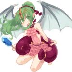  1girl chiki dragon_wings fire_emblem fire_emblem:_mystery_of_the_emblem fire_emblem_heroes food green_eyes green_hair hair_ribbon long_hair mamkute open_mouth pink_swimsuit pointy_ears ponytail popsicle red_ribbon ribbon simple_background solo swimsuit tiara tonnyoriclayer white_background wings 