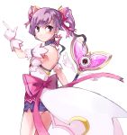  1girl aisha_(elsword) bare_shoulders detached_sleeves dimension_witch_(elsword) elsword gloves highres long_hair magical_girl meshi_a purple_hair ribbon skirt smile twintails violet_eyes wand white_background 