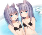 2girls amashiro_natsuki animal_ears ball bangs bare_shoulders beachball bikini_top blue_eyes breasts cat_ears cleavage closed_mouth commentary_request long_hair medium_hair multiple_girls navel open_mouth original partially_submerged purple_hair slit_pupils swimsuit water wet 