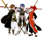  3boys asaya_minoru bangs black_footwear black_gloves black_pants blue_hair brown_cape brown_hair cape chinese_clothes closed_mouth cu_chulainn_(fate/prototype) eyebrows_visible_through_hair fate/extra fate/grand_order fate/prototype fate_(series) gae_bolg gauntlets gloves green_shirt hair_between_eyes hand_on_hip hands_up hector_(fate/grand_order) holding holding_lance lance li_shuwen_(fate) long_hair long_sleeves low_ponytail male_focus multiple_boys over_shoulder pants parted_lips polearm ponytail red_eyes redhead shirt short_sleeves simple_background single_gauntlet single_glove smile standing v-shaped_eyebrows weapon weapon_over_shoulder white_background white_pants 