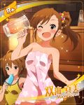  bare_shoulders beverage blush brown_hair futami_mami idolmaster idolmaster_million_live! idolmaster_million_live!_theater_days long_hair smile towel violet_eyes wink 