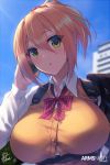 1girl arms_note blonde_hair breasts cellphone fukai_ryousuke green_eyes looking_at_viewer phone school_uniform sky solo 