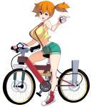  1girl alternate_breast_size bare_shoulders bicycle blue_eyes breasts full_body ground_vehicle highres kasumi_(pokemon) large_breasts masao midriff navel one_eye_closed open_mouth orange_hair poke_ball pokemon pokemon_(game) short_ponytail shorts simple_background smile solo suspenders white_background 