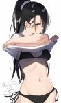  1girl artist_name bikini black_hair blue_eyes blush breasts cleavage cowboy_shot crossed_arms hair_over_one_eye highres isshiki_(ffmania7) long_hair medium_breasts navel original ponytail profile shirt shirt_lift side-tie_bikini simple_background sketch solo swimsuit t-shirt twitter_username white_background 