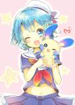  1girl ;d aika_(hikariai66) belly blue_eyes blue_hair blue_shirt blue_skirt blush braid crossover dorothy_west fangs hat hat_ribbon heart holding holding_pokemon minun navel neckerchief one_eye_closed open_mouth outline pink_background pleated_skirt pokemon pokemon_(creature) pripara red_neckwear ribbon sailor_collar sailor_hat school_uniform serafuku shirt short_hair short_sleeves side_braid skirt smile solo star white_outline white_sailor_collar 