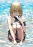  1girl absurdres arm_strap artoria_pendragon_(all) artoria_pendragon_(swimsuit_rider_alter) barefoot black_swimsuit blonde_hair breasts casual_one-piece_swimsuit cleavage cleavage_cutout day eyebrows_visible_through_hair fate/grand_order fate_(series) food fujifuji924 full_body highres holding holding_food ice_cream looking_at_viewer one-piece_swimsuit outdoors short_hair_with_long_locks sidelocks sitting small_breasts solo swimsuit thigh_strap yellow_eyes 