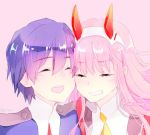  1boy 1girl bangs black_hair closed_eyes commentary couple darling_in_the_franxx english_commentary eyebrows_visible_through_hair hair_ornament hairband hetero hiro_(darling_in_the_franxx) horns long_hair military military_uniform necktie oni_horns open_mouth orange_neckwear pink_hair pinkdere red_horns red_neckwear short_hair signature uniform white_hairband zero_two_(darling_in_the_franxx) 