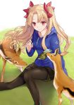  1girl animal bangs black_legwear black_shorts blonde_hair blue_hoodie bow closed_mouth collarbone commentary_request contemporary drawstring ereshkigal_(fate/grand_order) eyebrows_visible_through_hair fate/grand_order fate_(series) fawn fingernails hair_bow hand_up highres hood hood_down hoodie long_hair long_sleeves looking_away mouth_hold on_grass pamphlet pantyhose pantyhose_under_shorts parted_bangs red_bow red_eyes shiao short_shorts shorts sitting smile solo two_side_up very_long_hair white_background 
