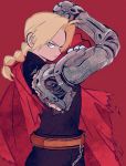  1boy automail blonde_hair commentary edward_elric english_commentary fullmetal_alchemist male_focus red_background serious simple_background 