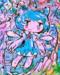  1girl abstract bangs barefoot blue_bow blue_dress blue_hair bow cirno dress eyebrows_visible_through_hair hair_bow hito_(nito563) ice ice_wings melting multicolored multicolored_eyes open_mouth puffy_short_sleeves puffy_sleeves short_hair short_sleeves solo touhou wings 