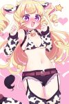  1girl :d alice-whiteberry animal_ears animal_print arm_belt arm_warmers bangs bell belt black_shorts blonde_hair blush bow bowtie breasts clenched_hands cow_ears cow_horns cow_print cow_tail garter_straps hands_up heart highres horns long_hair looking_at_viewer midriff navel nose_blush open_mouth print_bikini_top print_legwear pripara short_shorts shorts sidelocks small_breasts smile solo star tail thigh-highs two_side_up violet_eyes yumekawa_yui 