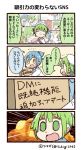  0_0 2girls 4koma :d artist_name bangs blue_hair box carrying comic commentary_request emphasis_lines explosion eyebrows_visible_through_hair green_eyes green_hair hair_tie hat labcoat line_(naver) long_sleeves multiple_girls notice_lines open_mouth paneled_background personification ponytail sailor_hat short_ponytail sidelocks smile sweatdrop translation_request tsukigi twitter twitter-san twitter-san_(character) twitter_username yellow_eyes 