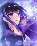  artist_request black_hair blush breasts city forcas gloves hand_on_own_chest jewelry medium_breasts multicolored_hair necklace official_art open_mouth phantom_of_the_kill smile two-tone_hair violet_eyes white_gloves 