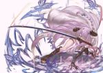  1girl arm_support asymmetrical_footwear asymmetrical_gloves black_gloves boots braid bug butterfly elbow_gloves full_body gloves granblue_fantasy hair_over_one_eye hand_up holding holding_sword holding_weapon horns insect knee_boots leaning_forward long_hair magic narmaya_(granblue_fantasy) ootachi pointy_ears purple_hair scabbard sheath simple_background solo sword tassel thigh-highs thigh_boots thigh_strap tomiokasena tsurime very_long_hair weapon white_background 