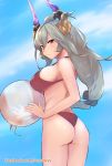  1girl ass ball beachball bikini blue_sky blush breasts closed_mouth clouds commentary commentary_request draph english_commentary facebook_username granblue_fantasy grey_hair highres holding holding_ball horns large_breasts long_hair looking_at_viewer red_bikini red_eyes senasky sideboob sky solo standing swimsuit thalatha_(granblue_fantasy) 