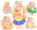  1girl arms_behind_back blonde_hair blue_eyes blush breasts cleavage commentary crossed_arms earrings food full-face_blush galko hair_ornament hair_scrunchie highres huge_breasts jewelry long_hair looking_at_viewer midriff multiple_views necklace open_mouth oshiete!_galko-chan plaid plaid_skirt popcorn school_uniform scrunchie side_ponytail signature simple_background skirt smile solo tan tanline theycallhimcake thighs very_long_hair white_background 