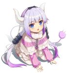  1girl all_fours bangs black_bow black_hairband blue_eyes blunt_bangs blush bow dragon_girl dragon_horns eyebrows_visible_through_hair hair_bow hairband highres horns kanna_kamui kobayashi-san_chi_no_maidragon lavender_hair long_hair long_sleeves looking_at_viewer open_mouth simple_background solo tail twintails white_background white_legwear yiku_(sim7368) 