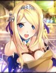  armor artist_request bag between_breasts blonde_hair blue_eyes blush breasts cleavage detached_collar detached_sleeves dragon_genesis hair_ornament headband holding holding_bag large_breasts official_art open_mouth phantom_of_the_kill 
