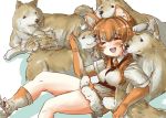  1girl afterimage animal_ears blush collared_shirt commentary_request dog dog_(kemono_friends) dog_ears elbow_gloves eyebrows_visible_through_hair fang fur_trim gloves harness kemono_friends light_brown_hair multicolored_hair necktie open_mouth shirt shoes short_hair short_sleeves shorts sitting sneakers socks tail_wagging tikano white_hair 