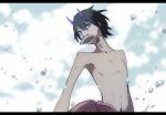  1boy bangs black_hair blue_eyes blue_horns blue_sky bubble clouds commentary_request darling_in_the_franxx day eyebrows_visible_through_hair fish fish_in_mouth hiro_(darling_in_the_franxx) horns letterboxed male_focus mii_yuu navel oni_horns role_reversal shirtless short_hair sky solo zero_two_(darling_in_the_franxx) 