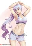  1girl :d armpits arms_up artist_name blue_eyes blue_hair blush breasts contrapposto cowboy_shot dated groin heart highres long_hair looking_at_viewer lulu-chan92 medium_breasts midriff navel nike number open_mouth patreon_username rwby scar scar_across_eye short_shorts shorts side_ponytail signature simple_background smile solo sports_bra standing very_long_hair weiss_schnee white_background 