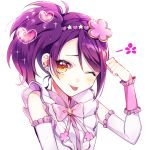  1girl ;p blush bow bowtie clenched_hand detached_sleeves dojikko_pose earrings flower frills hair_flower hair_ornament heart jewelry looking_at_viewer minori_(faddy) one_eye_closed pink_neckwear pripara purple_hair side_ponytail simple_background solo sparkle tongue tongue_out toudou_shion upper_body white_background yellow_eyes 