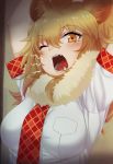  1girl animal_ears arms_up bangs blonde_hair blush breasts eyebrows_visible_through_hair fangs fur_collar hair_between_eyes kemono_friends large_breasts lion_(kemono_friends) lion_ears long_hair looking_at_viewer necktie nyifu one_eye_closed orange_eyes red_neckwear shirt short_sleeves solo stretch tears teeth upper_body white_shirt yawning 