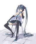  1girl absurdly_long_hair aqua_footwear aqua_neckwear ass bangs black_gloves black_legwear black_skirt blue_eyes blue_hair breasts chair chin_rest detached_collar elbow_gloves gloves hair_ornament hatsune_miku high_heels long_hair medium_breasts number_tattoo panties pantyshot pantyshot_(sitting) pleated_skirt popman3580 shoe_dangle shoulder_tattoo sitting skirt solo tattoo thigh-highs tile_floor tiles underwear upskirt very_long_hair vocaloid white_background white_panties 