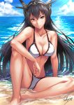  1girl artist_name beach bikini black_hair blush breasts cleavage closed_mouth clouds collarbone day gusset hair_between_eyes headgear kantai_collection knee_up large_breasts light_rays long_hair nagato_(kantai_collection) ocean outdoors partially_submerged red_eyes sakiyamama sand sitting smile solo spread_legs swimsuit water wet white_bikini 