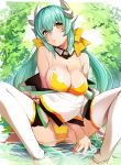  1girl aqua_hair bare_shoulders bikini blush breast_hold breasts cibo_(killy) cleavage collarbone detached_collar dragon_horns fate/grand_order fate_(series) frilled_bikini frills hair_ribbon horns japanese_clothes kiyohime_(fate/grand_order) kiyohime_(swimsuit_lancer)_(fate) large_breasts long_hair looking_at_viewer off_shoulder open_mouth partially_submerged ribbon sitting solo spread_legs swimsuit thigh-highs water white_legwear yellow_bikini yellow_eyes yellow_ribbon 