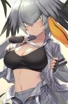  1girl bangs black_bra black_gloves blonde_hair bra breasts cleavage detached_sleeves eyebrows_visible_through_hair fingerless_gloves gloves green_eyes grey_hair grey_legwear guchico head_wings kemono_friends large_breasts looking_at_viewer midriff multicolored_hair navel open_clothes open_pants open_shirt pantyhose shoebill_(kemono_friends) silver_hair simple_background solo sports_bra sweatdrop tsurime underwear undressing 