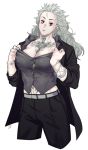  1girl breasts dorohedoro earrings jacket jewelry long_hair noi_(dorohedoro) open_mouth red_eyes ring solo tattoo white_hair 