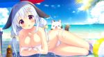  &gt;_&lt; 1girl :3 :d :o animal animal_ears aoi_yun assisted_exposure ball bangs bare_shoulders beachball bikini blue_sky blush bottle bow breasts cat cleavage clouds collarbone commentary_request day ears_down eyebrows_visible_through_hair fang hair_between_eyes hair_bow head_tilt jewelry large_breasts long_hair looking_at_viewer low_twintails lying necklace on_side open_mouth original outdoors rabbit_ears red_eyes side-tie_bikini silver_hair sky smile solo swimsuit transparent twintails very_long_hair white_bikini xd yellow_bow 